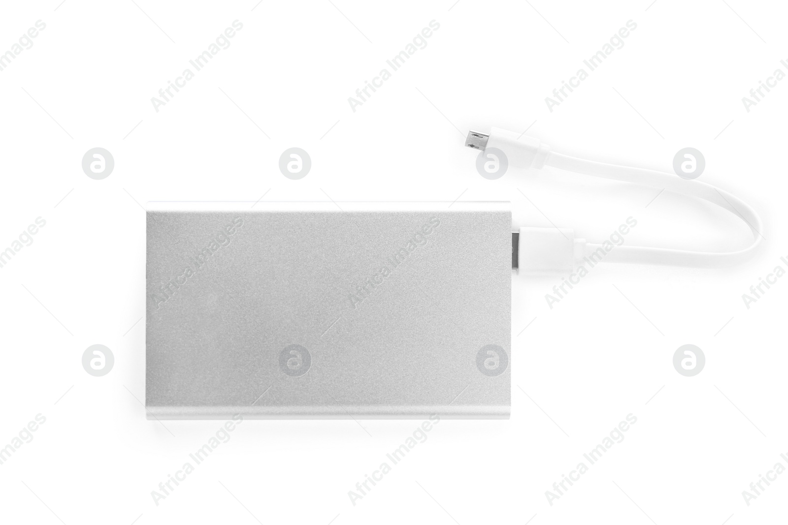 Photo of Modern external portable charger with cable isolated on white, top view