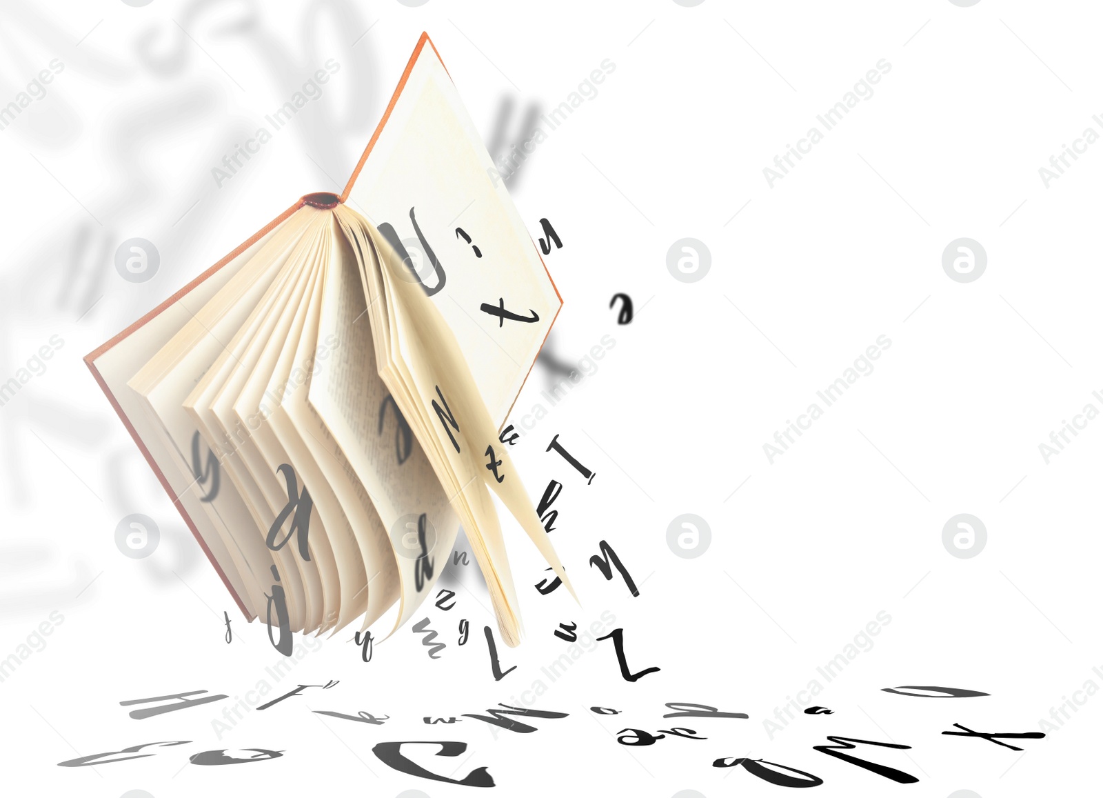 Image of Flying open book with letters on white background, space for text. Dyslexia concept