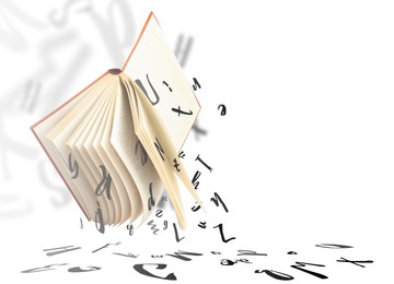 Image of Flying open book with letters on white background, space for text. Dyslexia concept