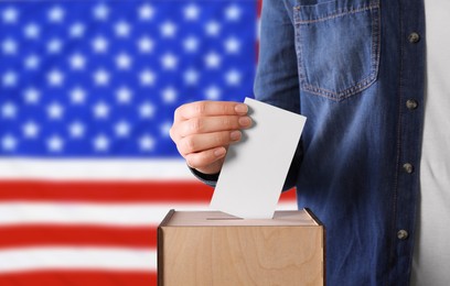 Image of Election in USA. Woman putting her vote into ballot box against national flag of United States, closeup. Banner design