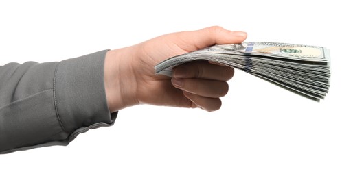 Photo of Money exchange. Woman holding dollar banknotes on white background, closeup