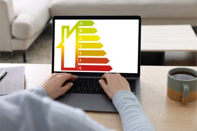 Image of Energy efficiency rating on display. Woman using laptop at table, closeup