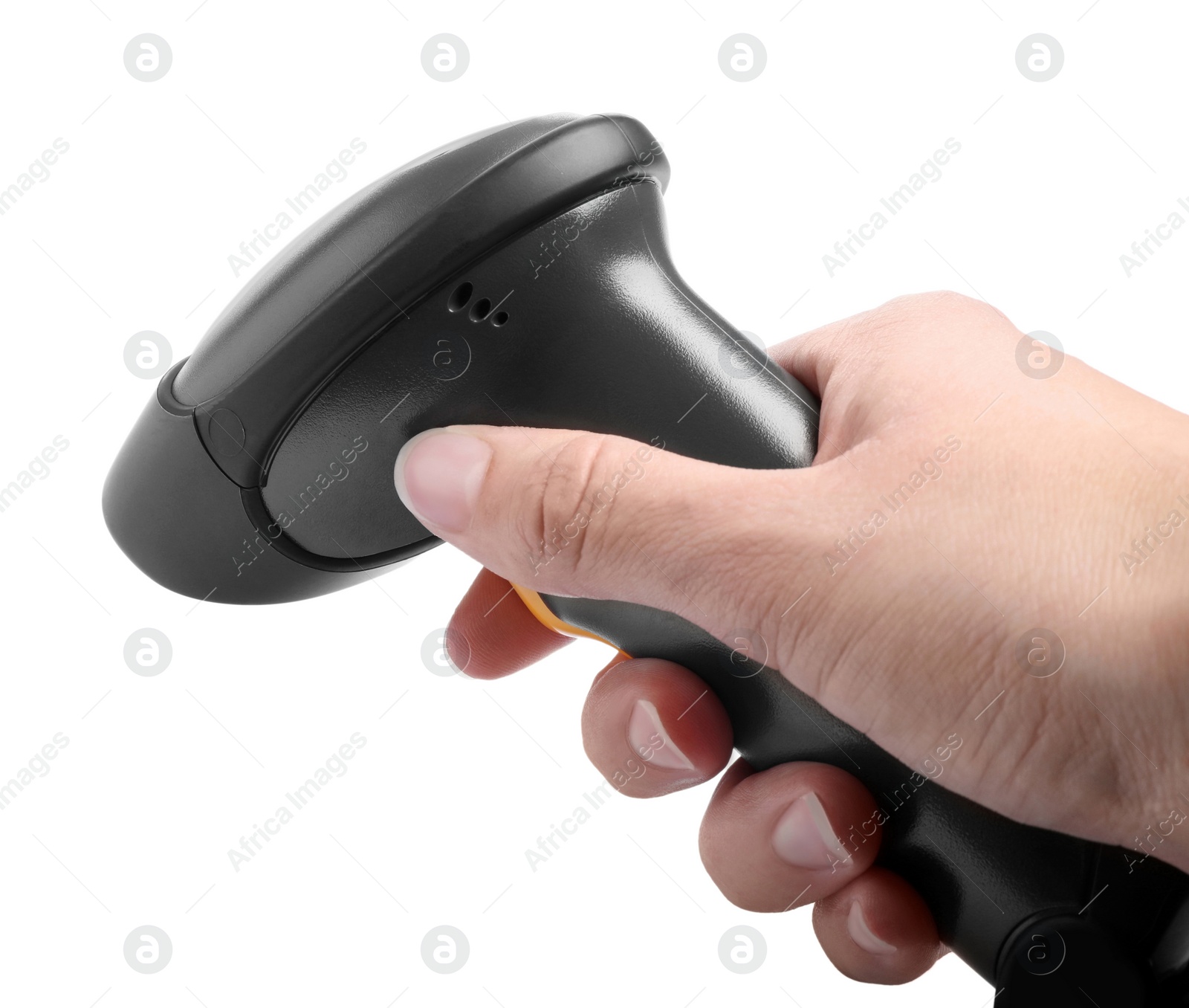 Photo of Woman holding barcode scanner on white background, closeup