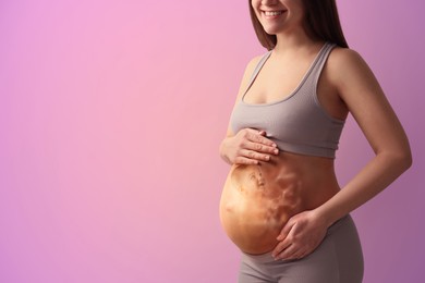 Image of Pregnant woman and baby on pink background, closeup view of belly. Double exposure