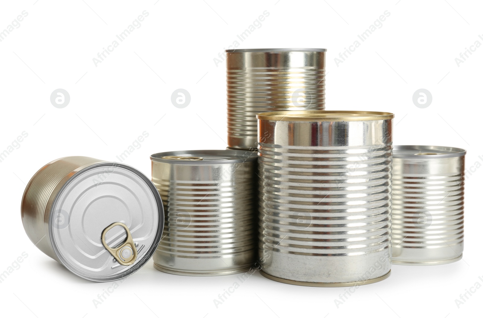 Photo of Many closed tin cans isolated on white, mockup for design