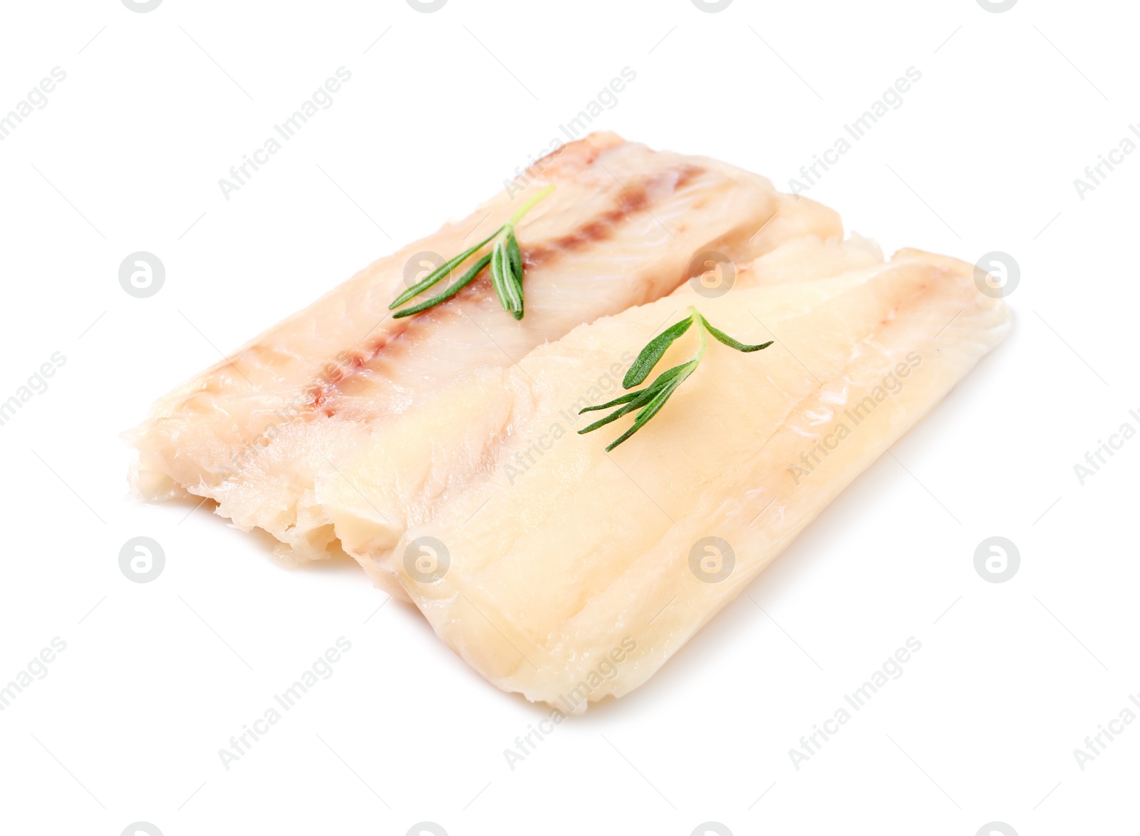 Photo of Pieces of raw cod fish and rosemary isolated on white