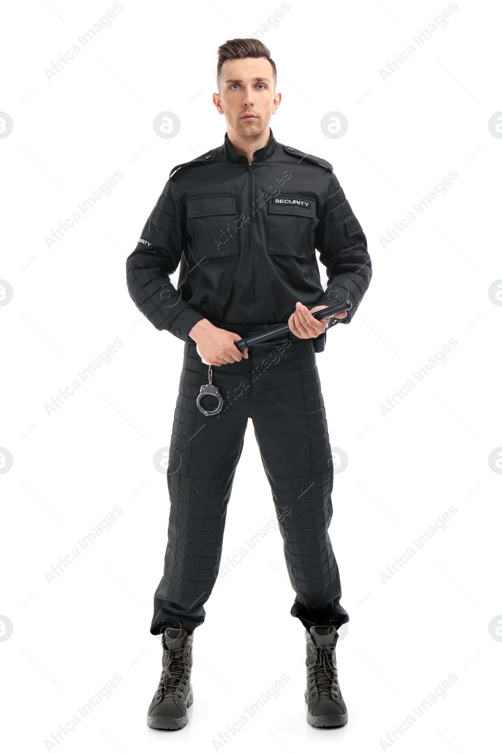 Photo of Male security guard with police baton on white background