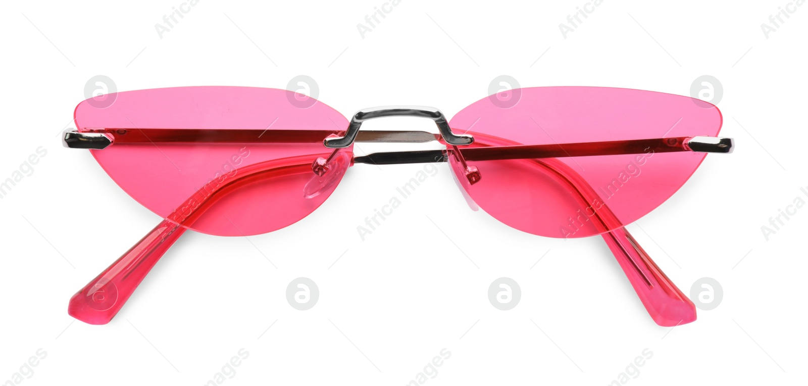 Photo of Stylish sunglasses on white background, top view. Beach object