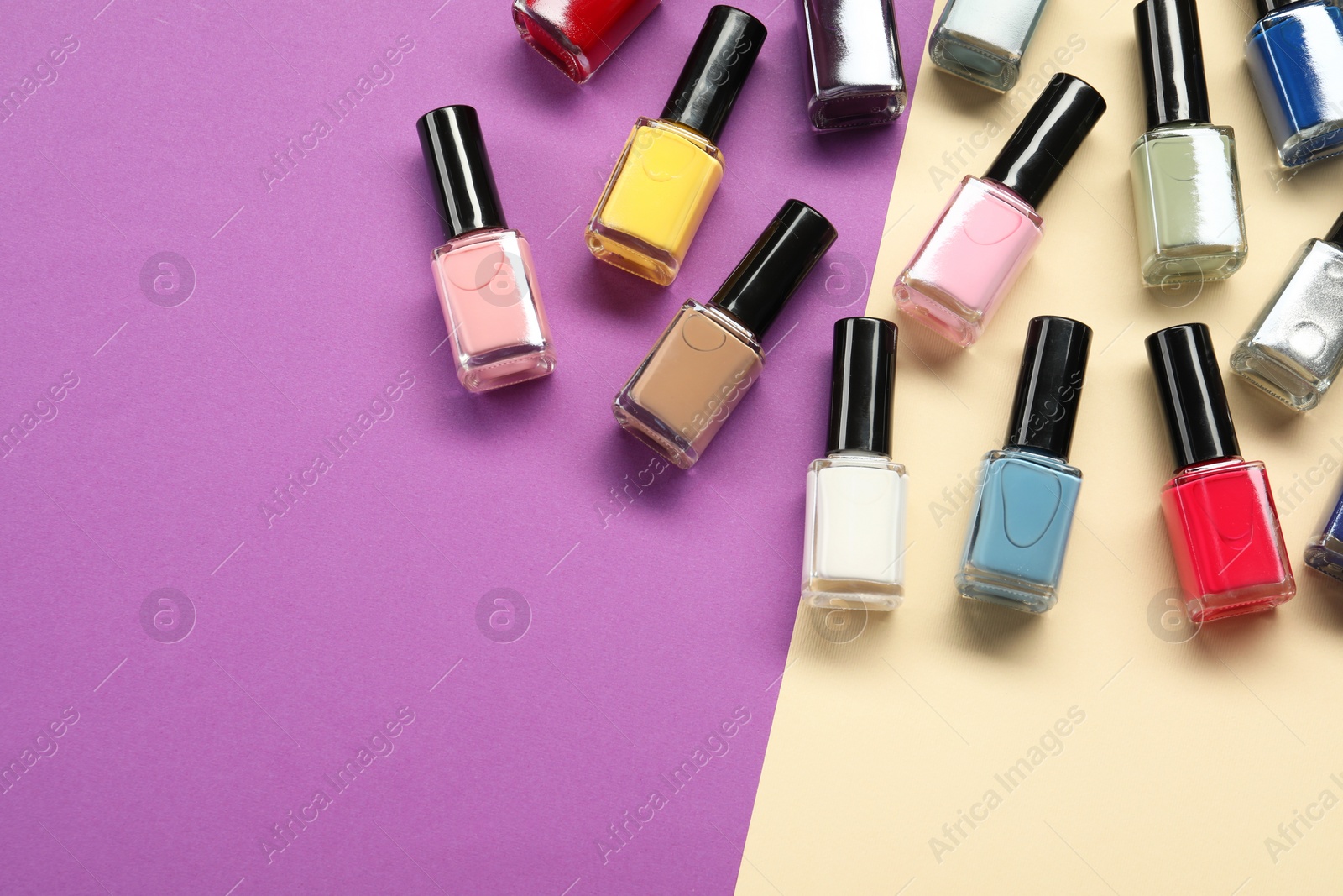 Photo of Bright nail polishes in bottles on color background, flat lay. Space for text