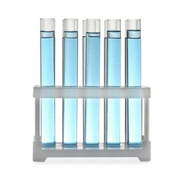 Photo of Test tubes with light blue liquid in rack isolated on white