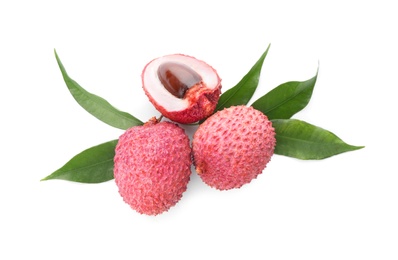 Fresh ripe lychees with green leaves on white background, top view