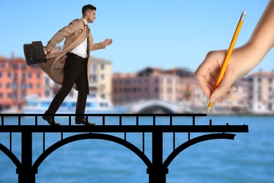 Image of Woman drawing bridge to help businessman walk over. Connection, relationships, support and deal concept