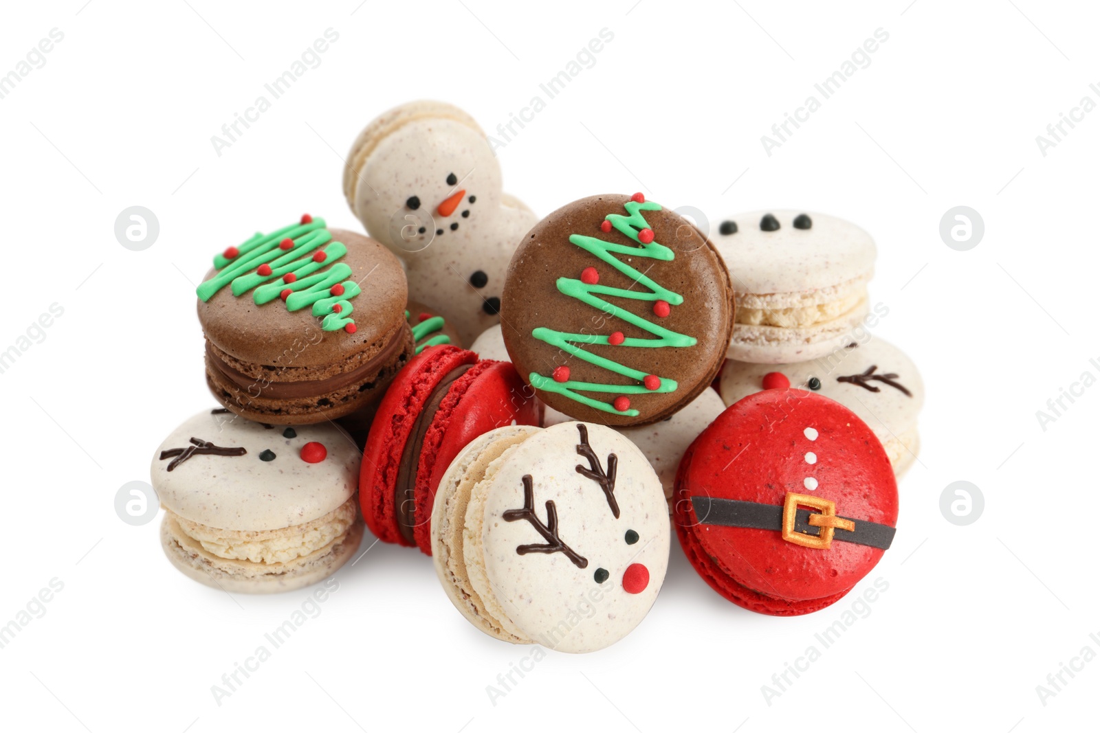 Photo of Beautifully decorated Christmas macarons on white background