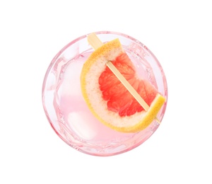 Glass of grapefruit cocktail with ice isolated on white, top view