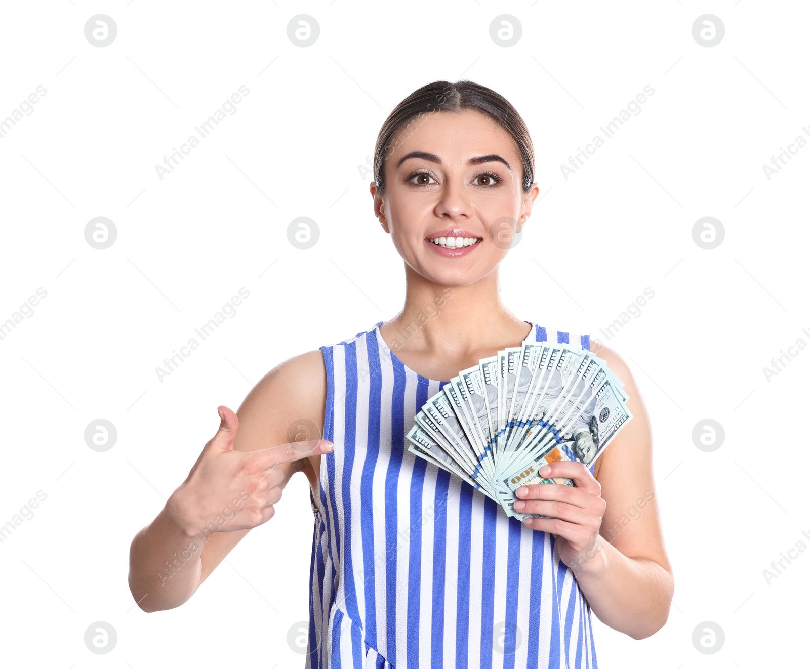 Photo of Portrait of young woman holding money banknotes on white background