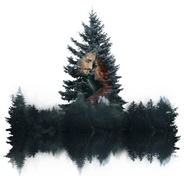 Double exposure of passionate couple and natural scenery on white background