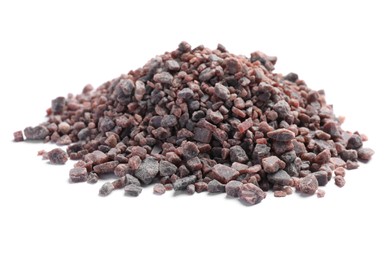 Photo of Heap of black salt on white background