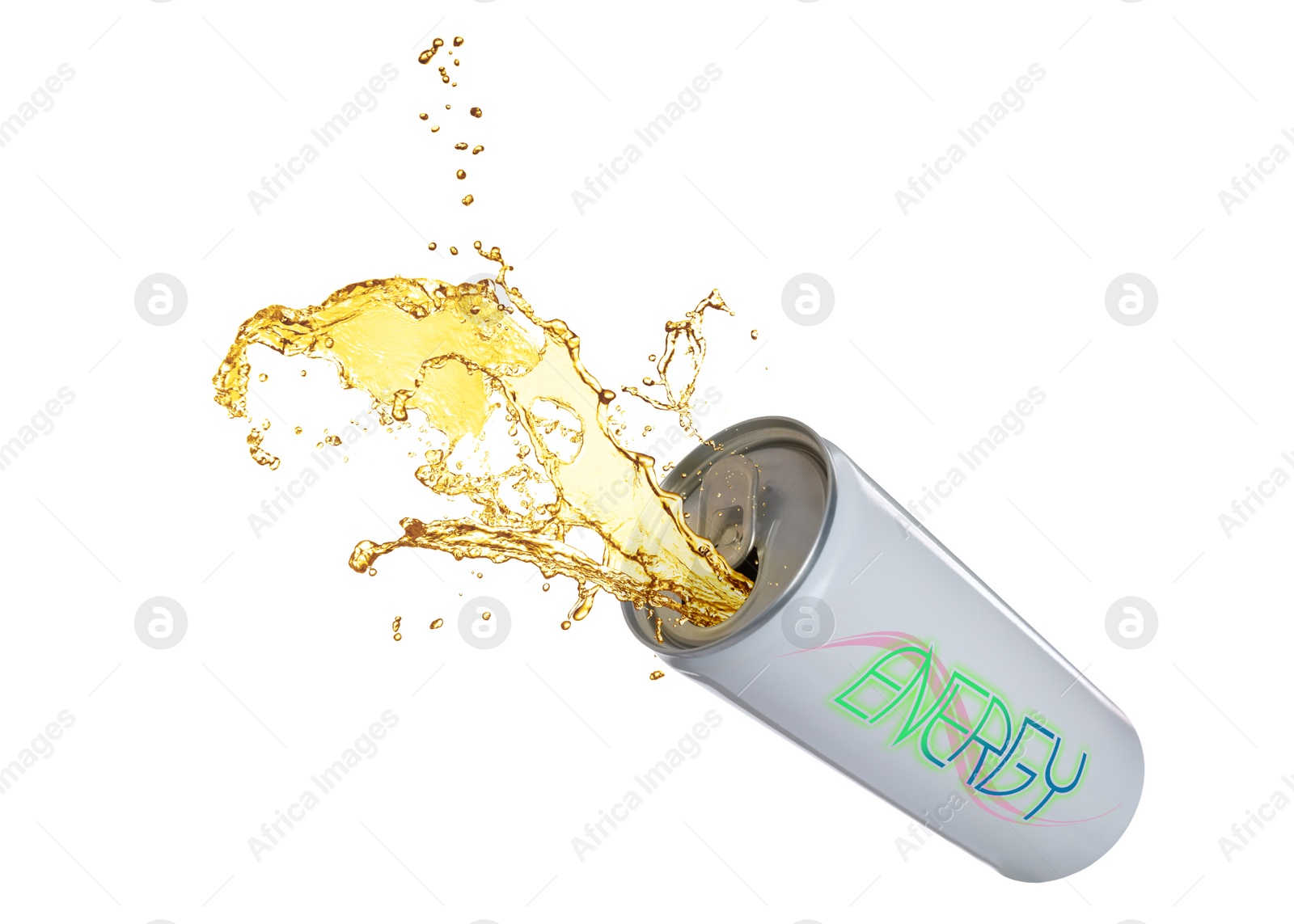 Image of Can of energy drink with splashes on white background