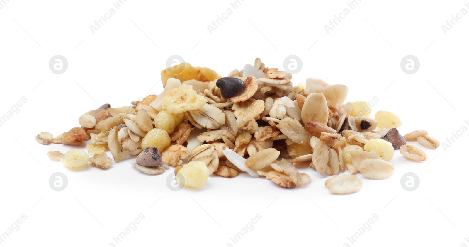 Photo of Pile of granola on white background. Healthy snack