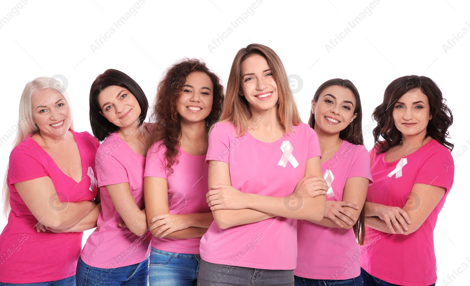 Photo of Group of women with silk ribbons on white background. Breast cancer awareness concept