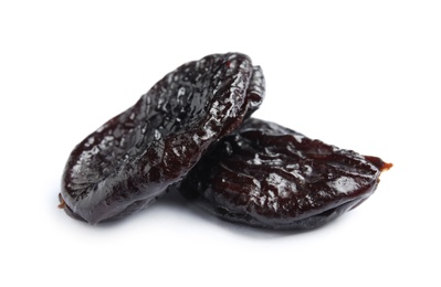 Photo of Tasty prunes on white background. Dried fruit as healthy snack