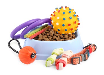 Different pet goods on white background. Shop assortment