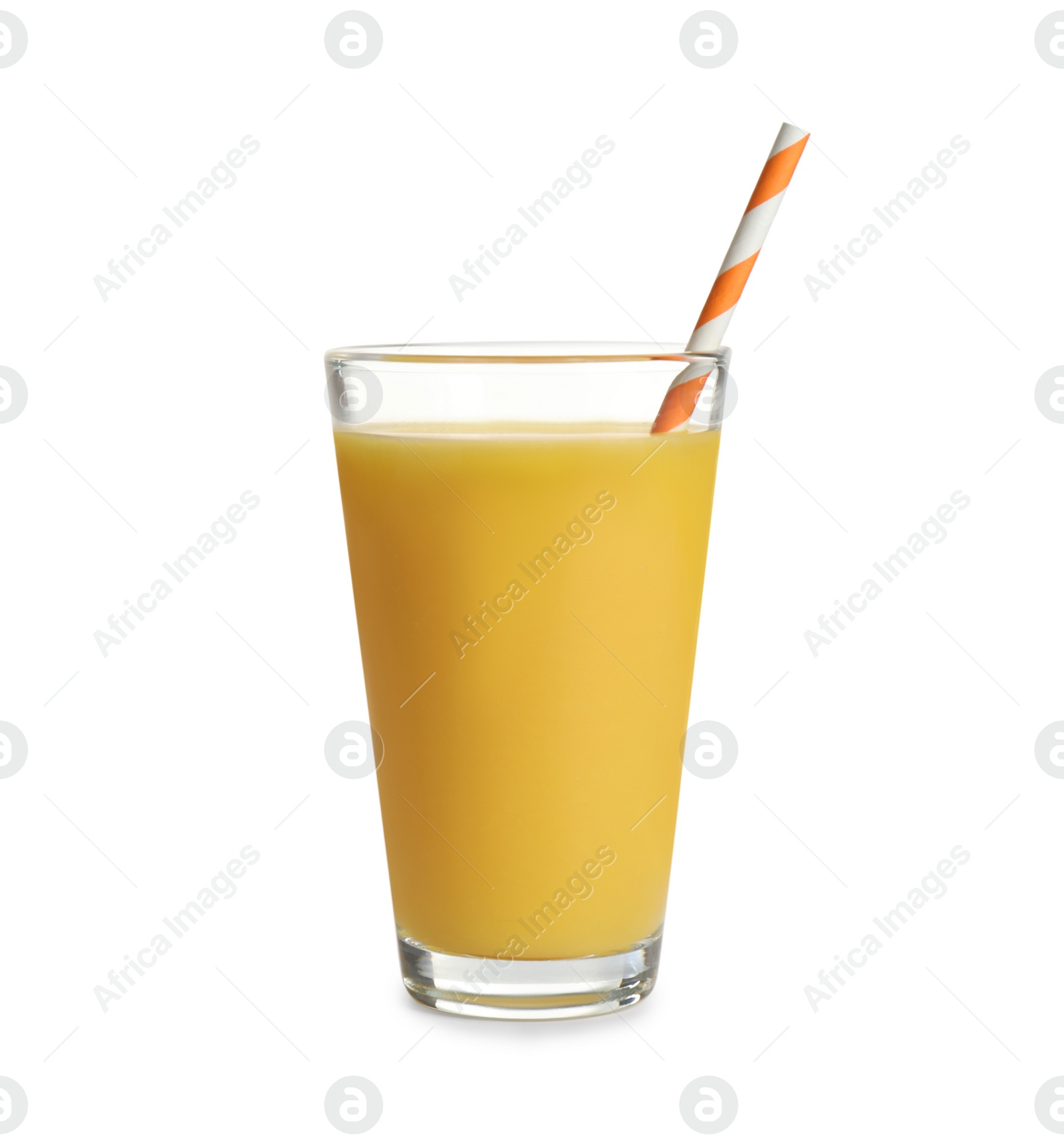 Photo of Tasty orange juice in glass isolated on white