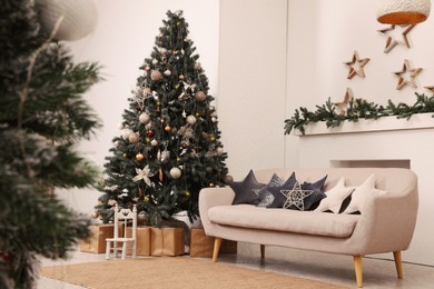 Photo of Living room interior with Christmas tree and festive decor