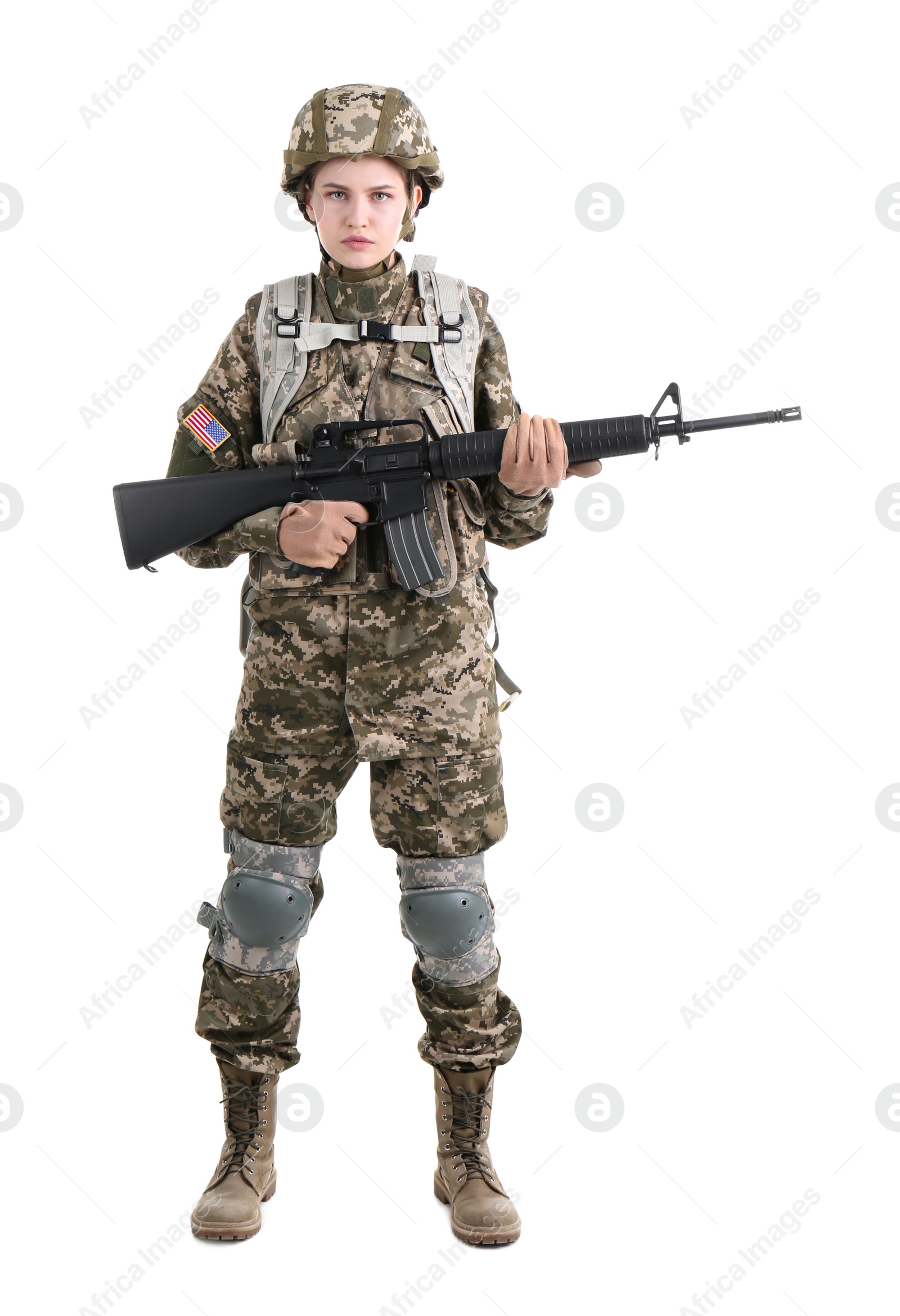 Photo of Female soldier with machine gun on white background. Military service