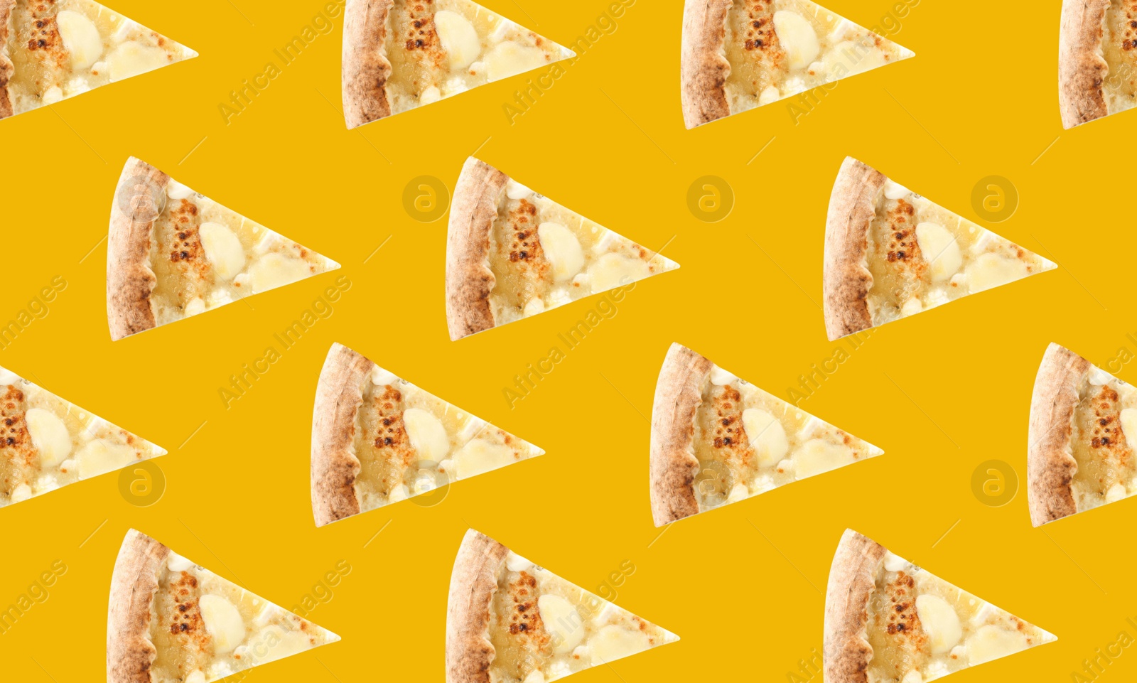 Image of Cheese pizza slices on yellow background. Pattern design