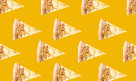 Cheese pizza slices on yellow background. Pattern design