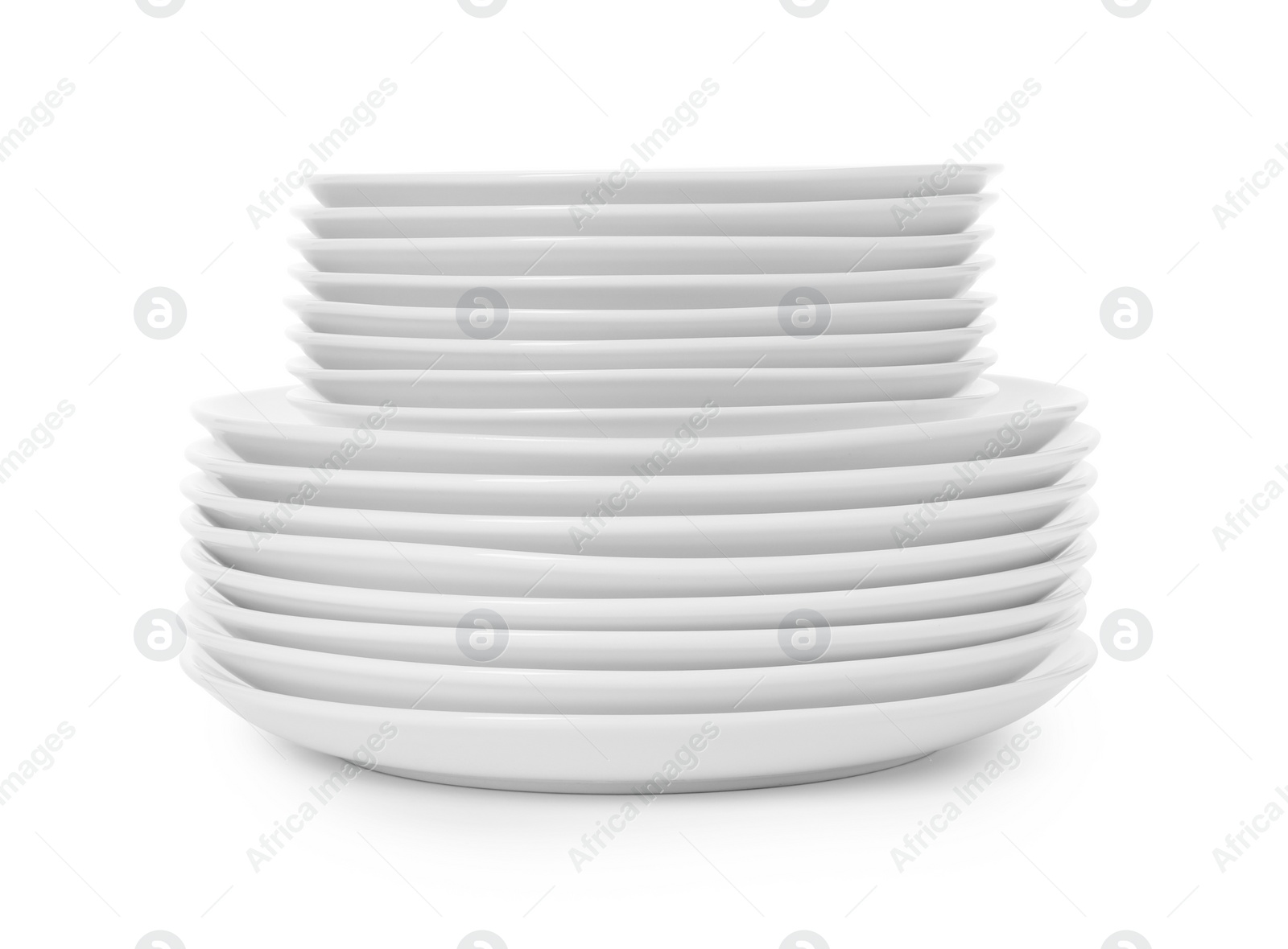 Photo of Stack of clean plates on white background. Washing dishes