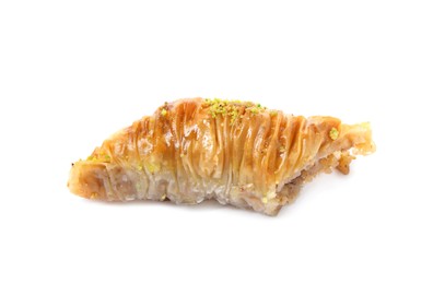 Photo of Piece of delicious baklava with pistachios isolated on white