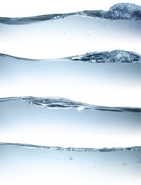 Image of Collage with different beautiful water waves on white background