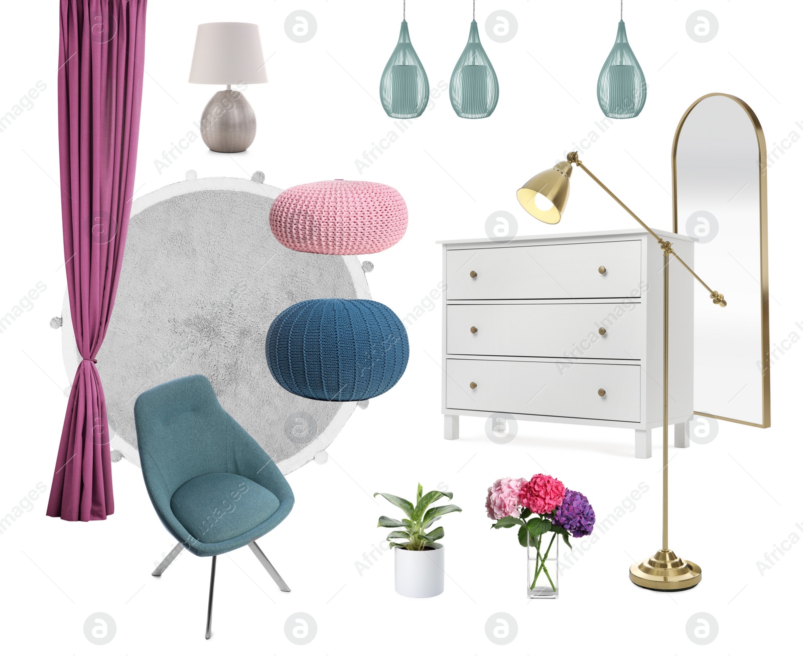 Image of Stylish interior design. Different decorative elements and furniture on white background. Mood board collage