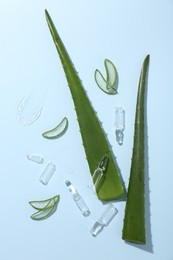 Flat lay composition with skincare ampoules and aloe leaves on light blue background