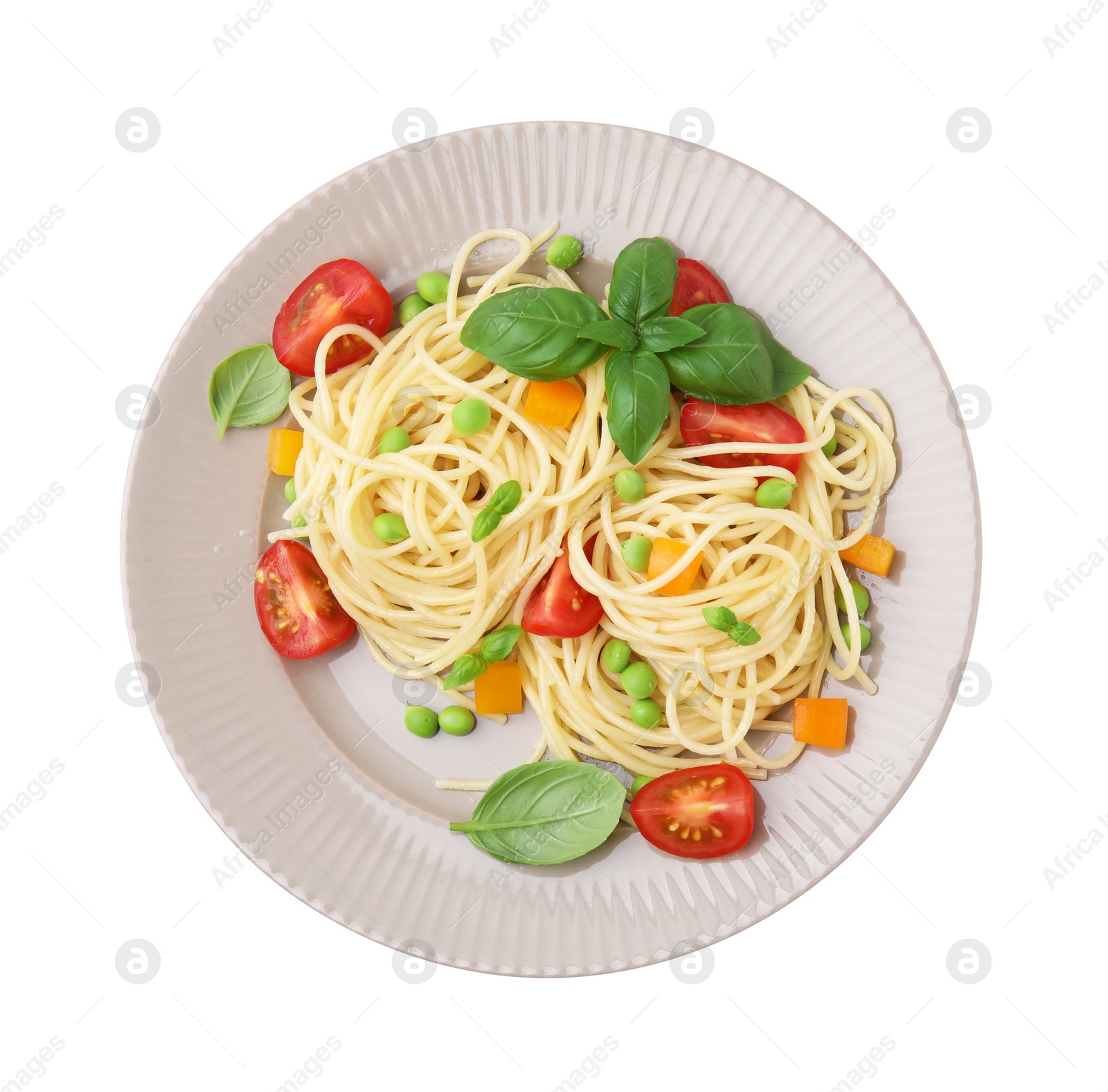 Photo of Plate of delicious pasta primavera isolated on white, top view