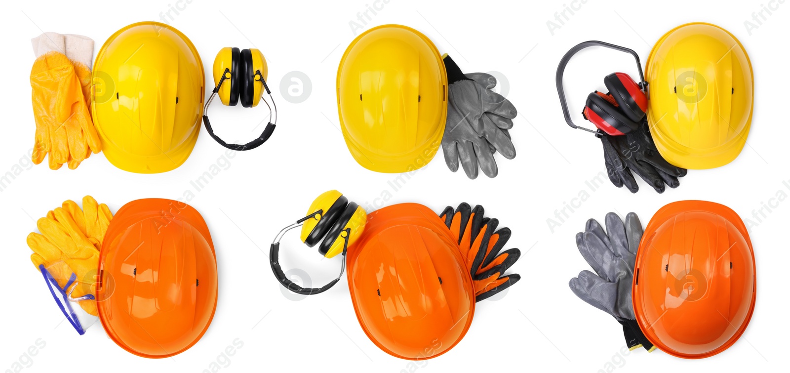 Image of Safety equipment, collection. Hard hats, gloves, protective headphones and goggles isolated on white, top view