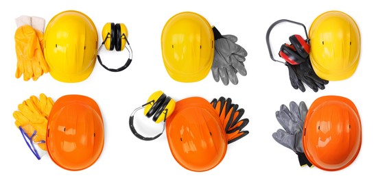 Image of Safety equipment, collection. Hard hats, gloves, protective headphones and goggles isolated on white, top view