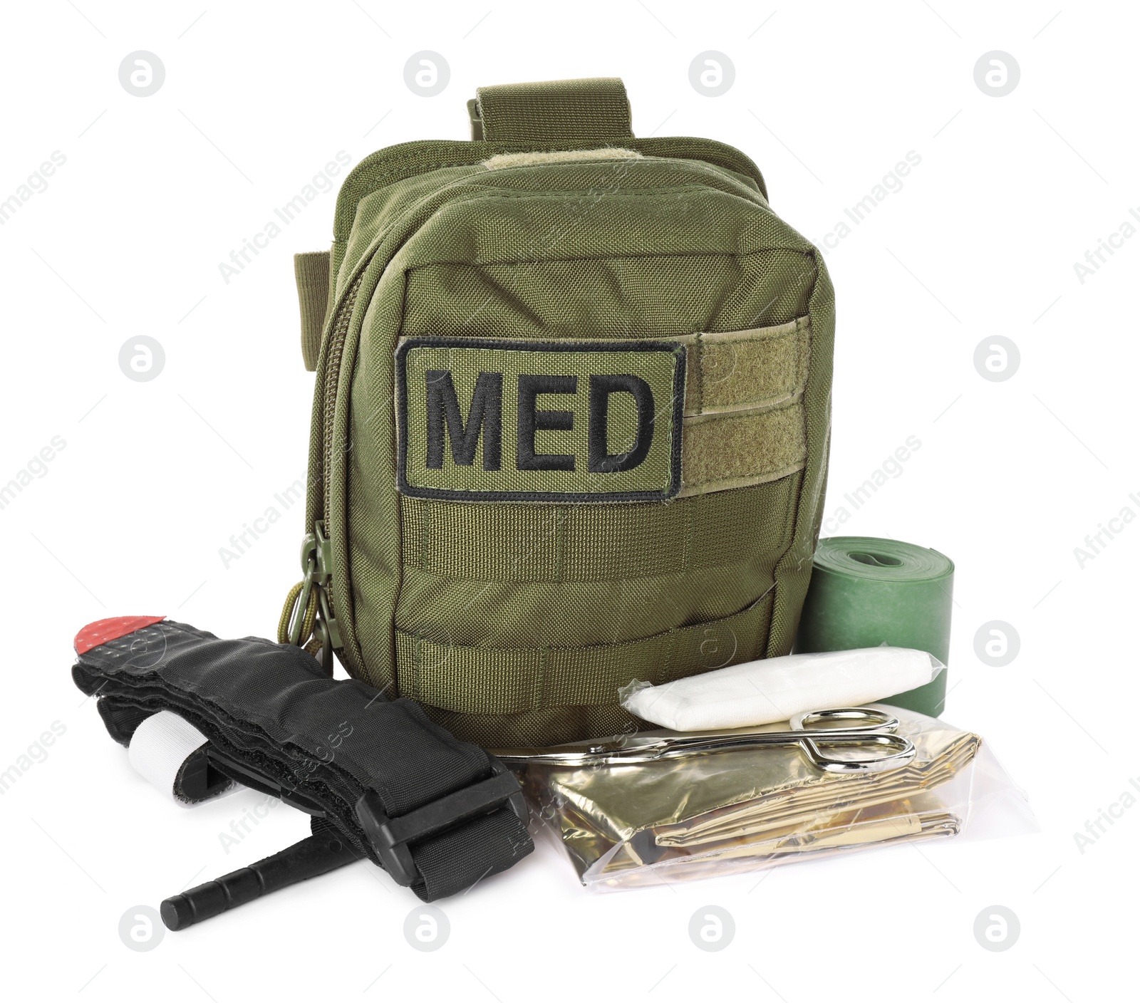 Photo of Military first aid kit with items isolated on white