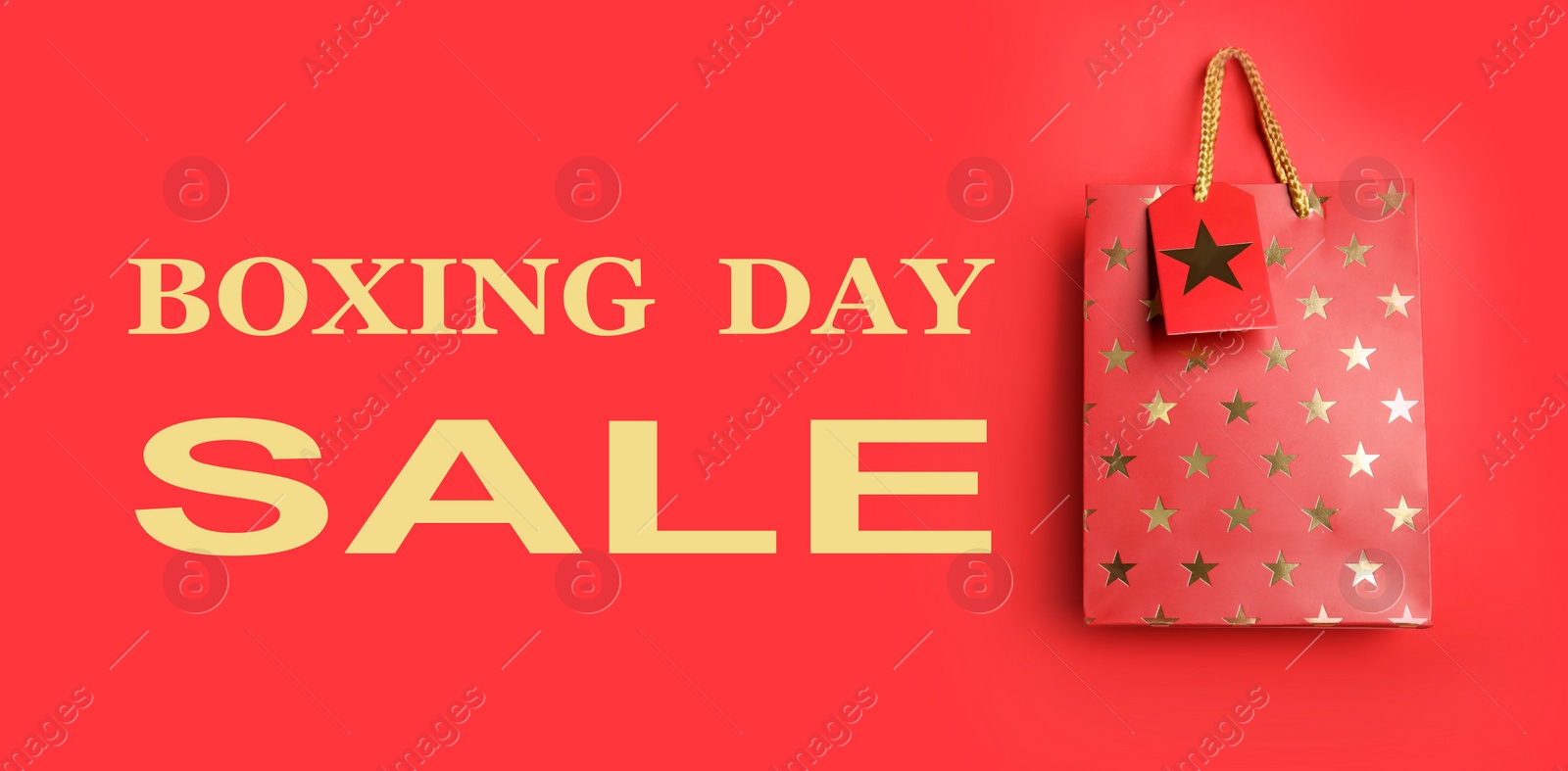 Image of Boxing day sale. Shopping bag on red background, banner design