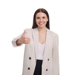 Photo of Beautiful happy businesswoman in suit showing thumbs up on white background