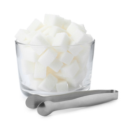 Photo of Glass bowl with sugar cubes and tongs isolated on white