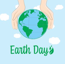 Happy Earth Day. Human holding hands near planet and sky with clouds on background, illustration