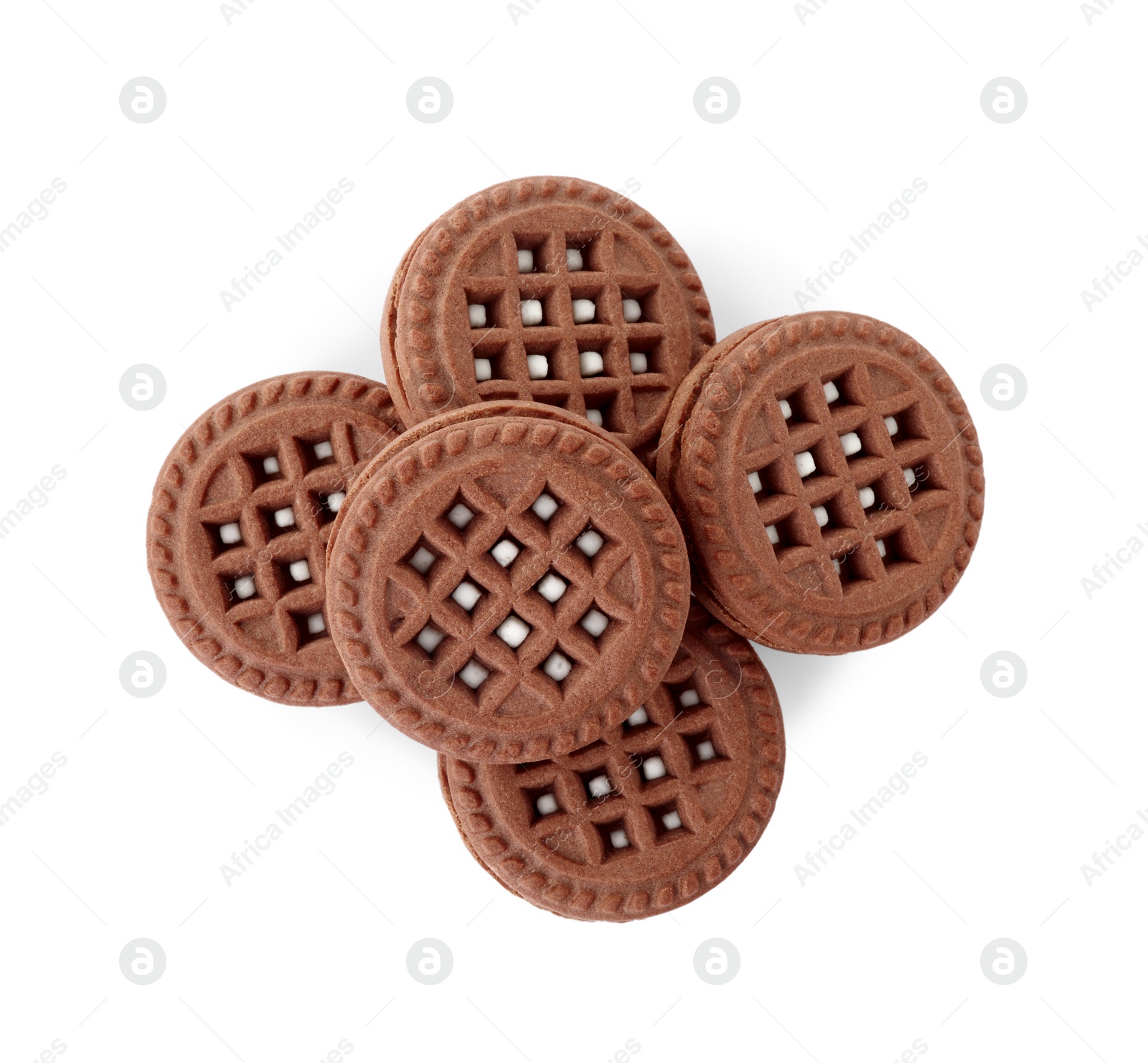 Photo of Tasty chocolate sandwich cookies with cream isolated on white, top view