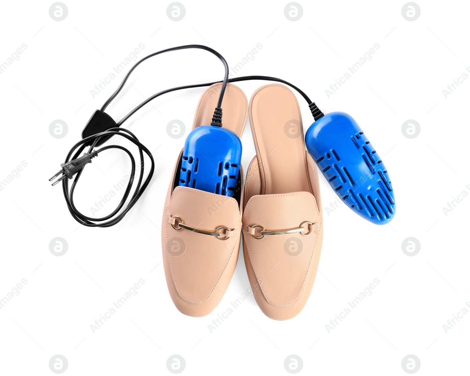 Photo of Pair of stylish shoes with modern electric footwear dryer on white background, top view