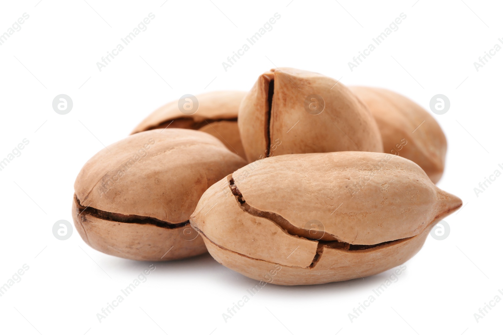 Photo of Heap of pecan nuts in shell on white background