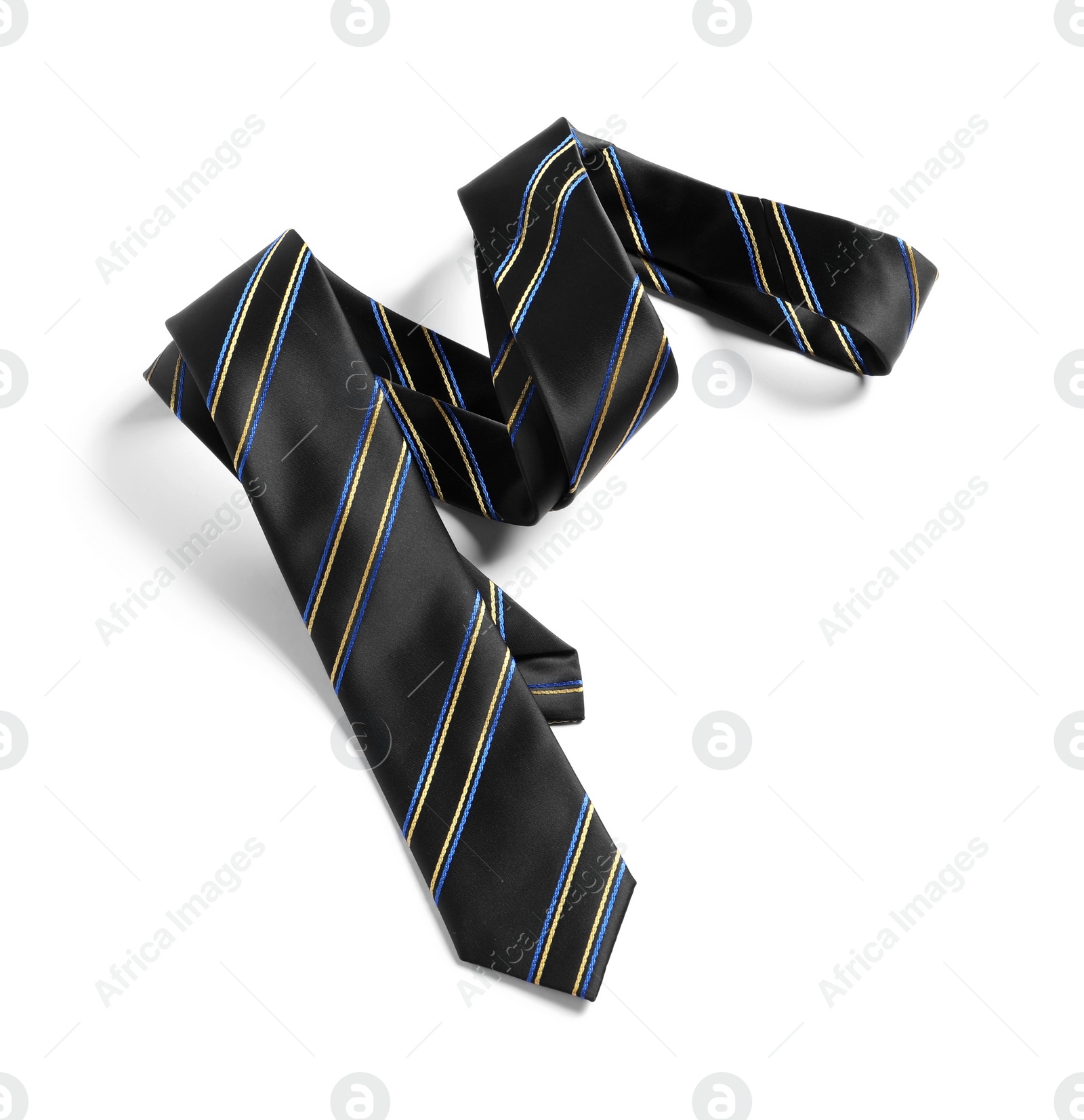 Photo of One striped necktie isolated on white, above view