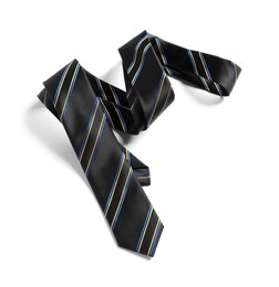 Photo of One striped necktie isolated on white, above view