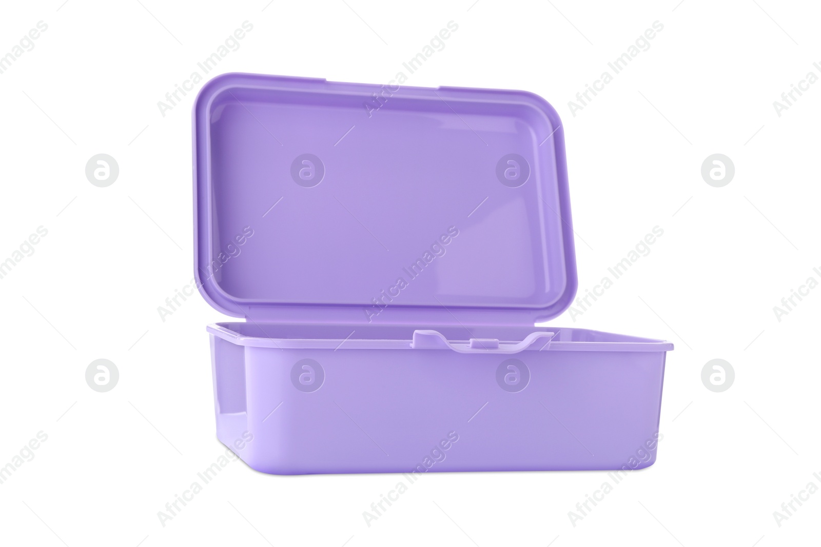 Photo of Violet lunch box isolated on white. School food